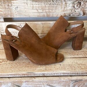 Woman’s Banana Republic Size 9 Fake Leather & Suede Open Toe Bootie Chunk Heals